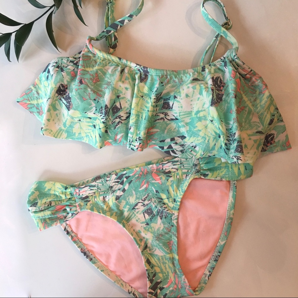 Palms Flounce Top + Ruched Bottom Bikini Set